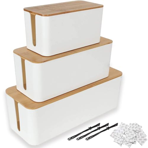 ASelected Lot 3 Boîte Cache Câble Blanc, Grand Boîte de Rangement Câbles Electriques avec Bois Couvercle, Boite Cache Multiprise pour Protection de Câble...