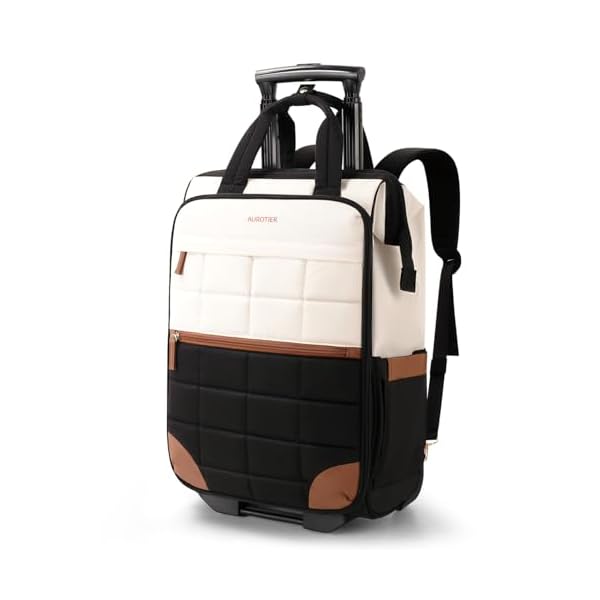 Rolling Puffer Backpack for Women, Wheeled Laptop Backpack, Short-Term Travel Backpack with Wheels, Roller Adults Work Computer Bag, Water Resistant Overnight College Underseat Carry on Luggage, Brown