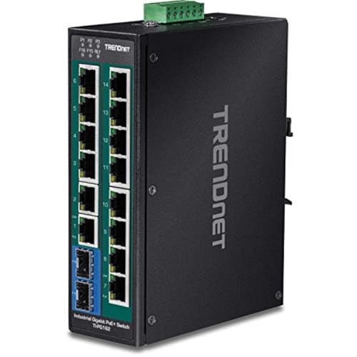 Image of TRENDnet 16-Port Hardened Industrial Unmanaged Gigabit PoE+ DIN-Rail Switch; TI-PG162; 14 x Gigabit Ports; 2 x Gigabit SFP Slots; 32Gbps; IP30 Gigabit Network Ethernet Switch; Lifetime Protection