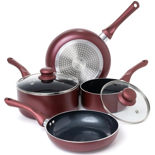 Image of Moss & Stone 6 Pcs Nonstick Cookware Set, Pots And Pans Set Non stick With Glass Lid, Induction Cookware, Stay-Cool Handle PTFE /PFOA Kitchen Pots 6-Piece with Frying Pans & Saucepan, Burgundy