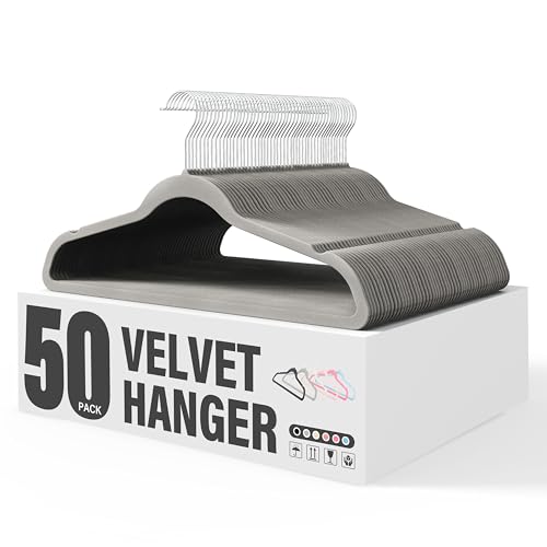 YSSOA Velvet Hangers 50 Pack, Non-Slip Clothes Hangers with Shoulder Notches, 360° Swivel Hooks, Heavy Duty Standard Hanger for Closet Space Saving, Grey