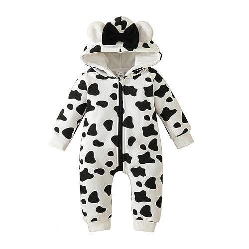 Image of Newborn Baby Girl Hooded Jumpsuit Heart Cow Zip Up Long Sleeve Infant One Piece Romper Snowsuit Valentines Outfit