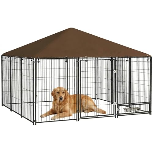 PawHut Recinto per Cani da Esterno, Box per Cani in Acciaio 211x211x151 cm con Tetto Anti-UV, Impermeabile, Ciotola Girevole, Kennel Recinzione Spazioso per Cuccioli, Giardino, Nero e Marrone