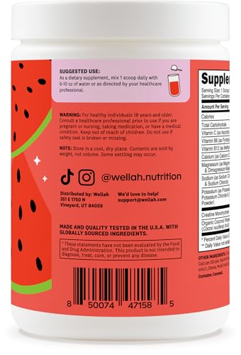 Image of Wellah Creatine + Electrolytes Powder (Watermelon Slush) 30 Servings - Hydration Drink Mix with 3g of Creatine Monohydrate