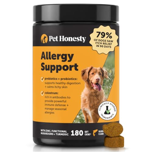Image of Pet Honesty Dog Allergy Chews - for Paw Licking, Itching & Seasonal Allergies - with Colostrum, Probiotics & Salmon Oil - Vet Recommended Itch Relief Supplement for Dogs (Salmon, 180 Ct)