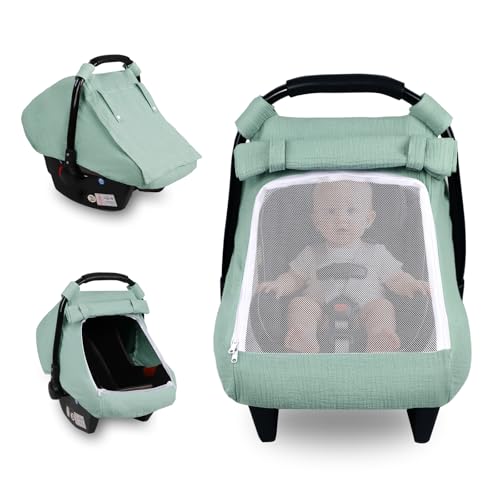 Image of Car Seat Cover Baby, Summer Carseat Covers for Babies Girls Boys Breathable Muslin Cotton HNHUAMING Infant Car Seat Canopy with Large Mesh Window, Cozy & Windproof Newborn Stroller Cover, Green