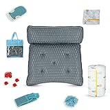 Badewannenkissen als Set mit 7 Saugnäpfen inkl. Rosenblätter, Luffaschwamm, Rückenschrubber, Peelinghandschuh, Wäschesäcke und Tragetasche er 4D Air Mesh Nackenkissen für Badewanne (Grau), 32 x 36 cm