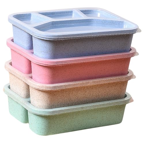 ZUNOXAZ 4個 四格仕切りマルチファンクション麦わら弁当箱 耐久性のある製 電子レンジ 食洗機対応 学生 オフィス アウトドア用