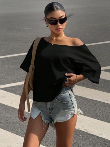 Image of SXV STYLE Women's Off-Shoulder T-Shirt, Short Sleeve, Casual Loose Fit, Black