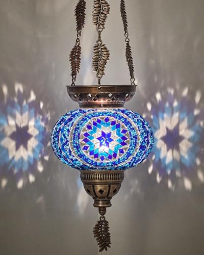 DEMMEX Portacandela turco marocchino colorato con mosaico bohémien, da appendere, con globo in vetro colorato fatto a mano e catene a foglia in metallo, 61 cm (brezza oceanica)
