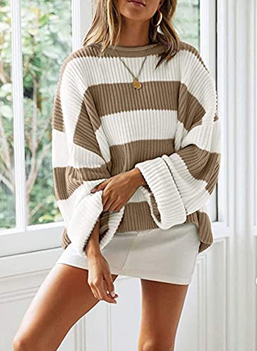 Zesica ZESWEATER14-LIGHTKHAKI-L Women'S 2024 Fall Long Sleeve Crew Neck Striped Color Block Comfy Loose Oversized Knitted Pullover Sweater,Lightkhaki,Large thumb #6