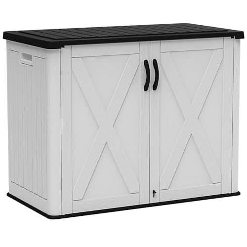 Image of Devoko 26 Cu Ft Resin Outdoor Storage Cabinet, White | Horizontal Plastic Storage Shed with Lockable Door, Water-Resistant Backyard Storage Box for Garden Patio, Shelf Not Included
