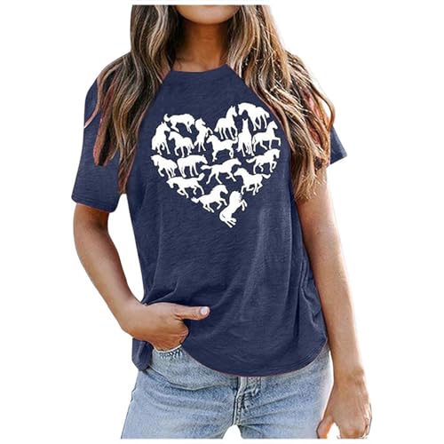 Camiseta de manga corta para mujer con estampado de verano y ajuste cómodo y a la moda, marine, S