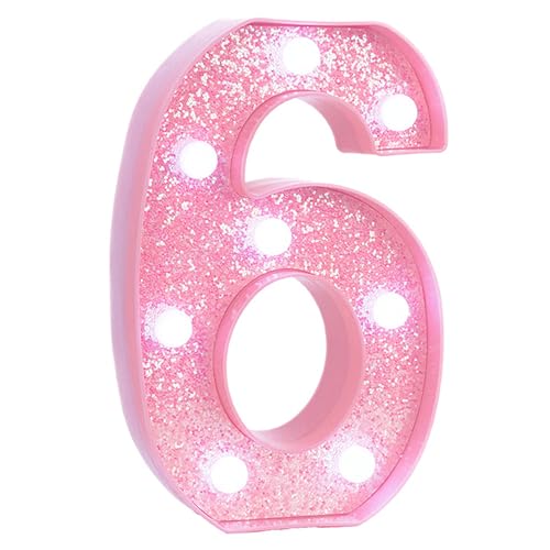 Image of Pink Light Up Marquee Numbers, Glitter LED Number Lights Sign Battery Operated for Girls 6th Pink Birthday Party Table Decorations, 2026 Graduation Decor, 8 Inch Number 6 with Cool White Lights