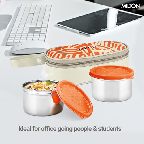 Image of MILTON Plato Pack Big Stainless Steel Lunch Box (2 X 500 ml containers) with Jacket | Leak Proof, Food Grade I Lightweight, Odour Proof | 1 Year Warranty I Ideal for Office, School, Travel, Orange