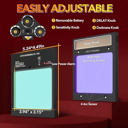 Image of TRQWH Welding Helmet Auto Darkening Large Viewing True Color Solar Powered Welding Mask with 4 Arc Sensor Adjustable Wide Shade Range 4~5-8 /9-13 Welder Mask with Grinding