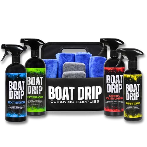 Boat Drip All-in-One Bass Boat Care Kit Includes One 32oz Exterior Interior and Deck Cleaner One 16oz Restore 5 Microfiber Towels and Two Restore Pads with Compact Carrying Case