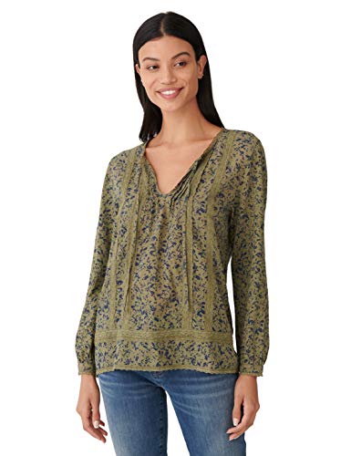 Lucky Brand Women's Long Sleeve Tie Neck Mixed Media Blouse, Olive Multi, L