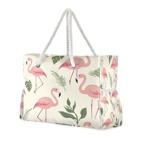 Beach Bag - Large Tote Bags for Women Flamingo Palm Leaves Pattern Shoulder Bags Zipper Waterproof Sandproof for Travel Gym Swim Daily