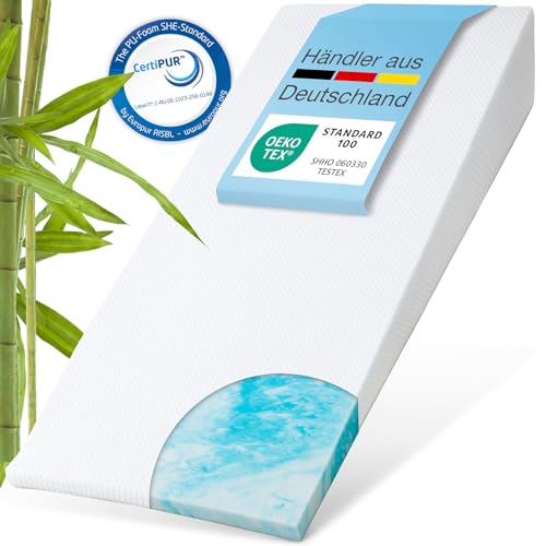 ELONEO Bettkeil Topper 80 x 190 cm aus Gelschaum, Matratzen-Keilkissen zur Bettneigung, Keilmatratze, Keilförmige-Matratzenauflage, Erhöhungskeil,...