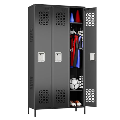 Image of Aobabo Upgrade Metal Storage Locker for Employees, 3 Doors Steel Storage Locker with Air Hole for Office Gym School, Industrial Storage with Hooks, Black, Assembly Required
