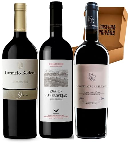 Pack Vinos Ribera del Duero - Envio 24h - Vinos Regalo - C. Rodero 9m, P. Carraovejas, P.Capellanes 5m- Cosecha Privada (3 x Botella 75 cl, 1.03) - Pack 3 bot - 1.03-3 C