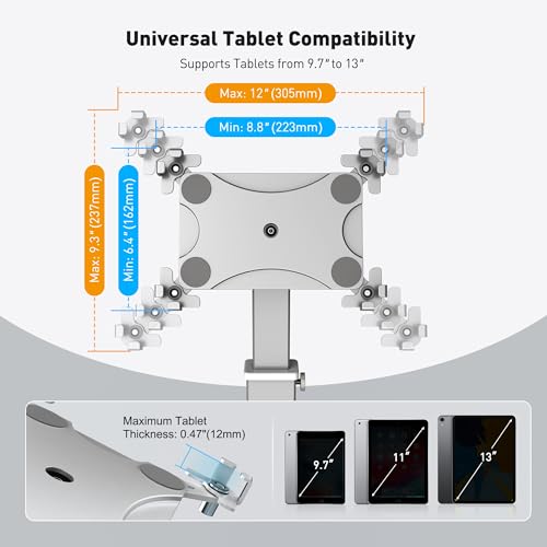 Image of AboveTEK Anti-Theft iPad Kiosk Stand, 360 Rotation & Adj. Height 8.3 inch-13.4 inch, Heavy-Duty Steel & Aluminum, Fits 9.7 inch-13 inch Tablets, Security Retail POS Tablet Stand for Business & Commercial Use (Silver)