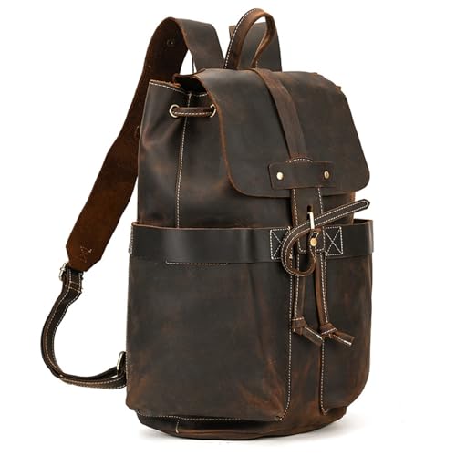 Mens Backpack Men's Leather Backpack Men's Shoulder Bag Flap Backpack for Camping Outdoor Sport,Dark Brown-42x30x16cm2