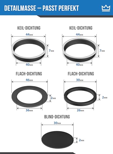 FEINER® | 5-teilig | 1 1/2 Zoll - Dichtungen für Siphon Küche | Dichtungen Siphon für 40mm handelsübliche Küchenspüle Siphon | Geräteanschlussdichtung | Siphon Dichtungssatz.