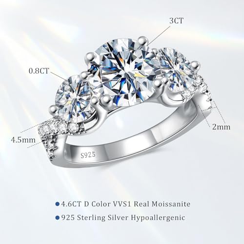 4.6CT 3 Stone Moissanite Engagement Ring, D Color VVS1 Round Cut 925 Sterling Silver Anniversary Wedding Promise Ring for Women, Size 5-103