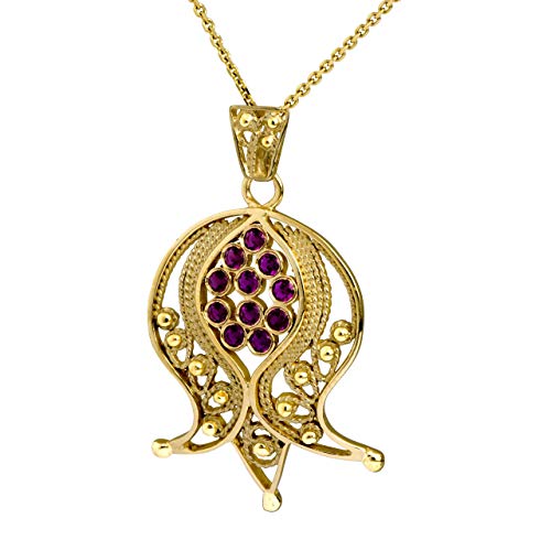 14K Yellow Gold Filigree Ruby Pomegranate Pendant #TOP1