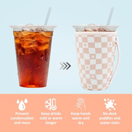 Image of KJQJLY 3 Pack Reusable Iced Coffee Sleeves for Iced Coffee Cups or Drinks Reusable Neoprene Insulated Sleeves for Hot and Cold Drinks from Starbucks, Dunkin, And More (Floral Checkers)