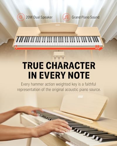 Image of Donner DDP-80 Digital Piano 88 Key Weighted Keyboard, Full-size Electric Piano for Beginners, with Sheet Music Stand, Triple Pedal, Power Adapter, Supports USB-MIDI Connecting, Natural Wood Color