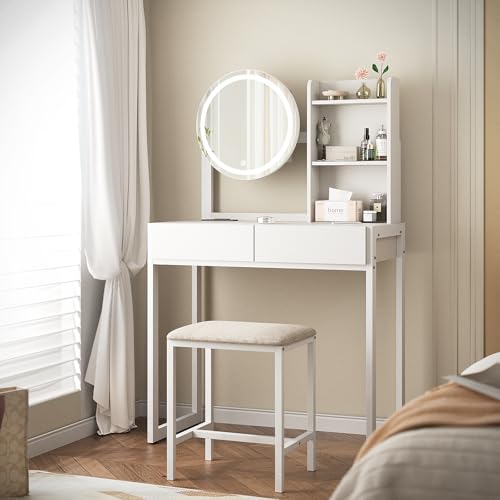 Image of VFK Small Vanity Desk with Mirror and Lights, Makeup Vanity Table with LED Mirror, 3 Lighting Modes, Power Outlet, Drawer, Open Shelves and Cushioned Stool for Bedroom (White)