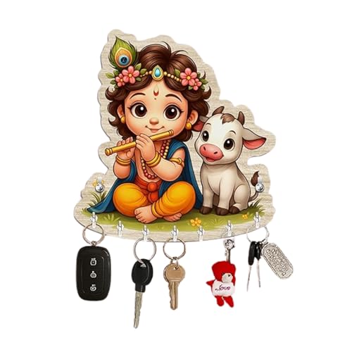 Image of JIVAY Baby Krishna Decorative Wall Mounted Key Holder for Home Wooden Key Hanger with 7 Hooks Designer Key Stand for Living Room, Entrance & Office Home Decor Gift Item (Baby Krishna Key Holder)