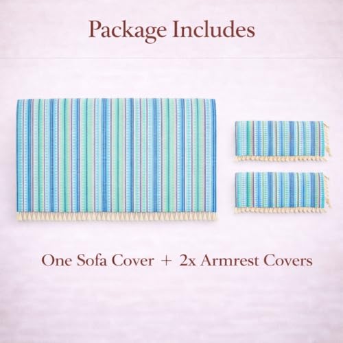 Image of STITCHNEST Woven 1 Seater Sofa Protector with 2 Hand Rest Covers - Blue & White Stripe Design - Washable Fabric with Tassels - Stylish Sofa Cover for Modern Living Room & Furniture Decor