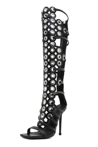 STUPMARY Women Peep Toe Sandals Cut-outs Cross-tied Lace Up High Heeled Gladiator Sandals Zipper Over The Knee Bootie Summer