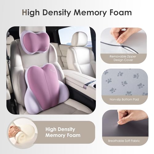 Image of Lumbar Support with Car headrest Back Pillow for Chairs Headrest Pillow for Car Ergonomic Ultrathick Memory Foam Back Pillow for Office Chair (Purple)