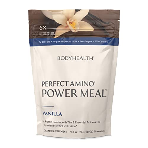 BodyHealth PerfectAmino Power Meal (Natural Vanilla Flavor) Vegan Meal Replacement Shake, Non Dairy Protein Powder, Plant Based Meal Replacement, Organic Meal Replacement, 20 Servings, 12.5g Protein