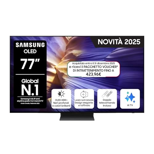 Samsung Smart TV 77'' QE77S94FAEXZT OLED 4K, NQ4 AI Gen3 Processor, 4K AI Upscaling Pro, Motion Xcelerator 144Hz, Dolby Atmos & OTS Lite, LaserSlim Design, 2025