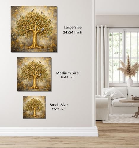 Image of Kunj Cart Kalpavriksha Tree Painting | 8+ DESIGNS | Kalpvriksh Tree Wall Painting | Lucky Tree Wall Art For Living Room, Bedroom and Office Decor | Canvas Painting for Wall Decoration (Design - G, 12x12 Inch, Framed)