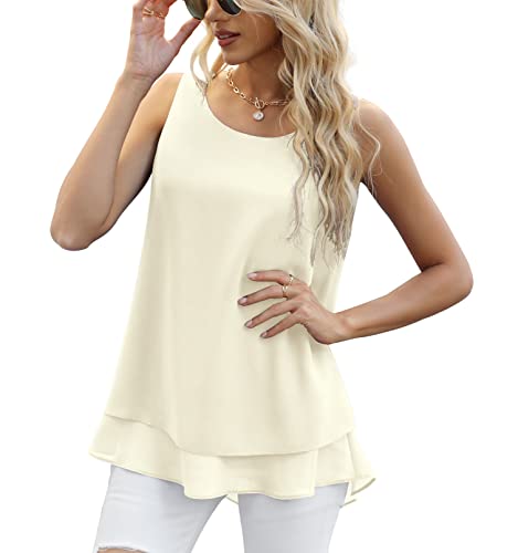 Yommay Chiffon Tank Tops für Damen Sommer Elegante ärmellose Business Cami Casual Blusen Tuniken,Beige White,XL EU