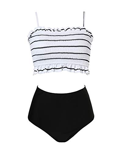 RXRXCOCO Womens Shirred Bandeau Bikini Cute Two Piece Swimsuit Off Shoulder High Waist Bathing Suit2