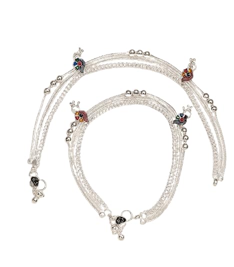 Silver-Toned Multi-Chain Anklet with Meenakari Parrot Charms.-image-35