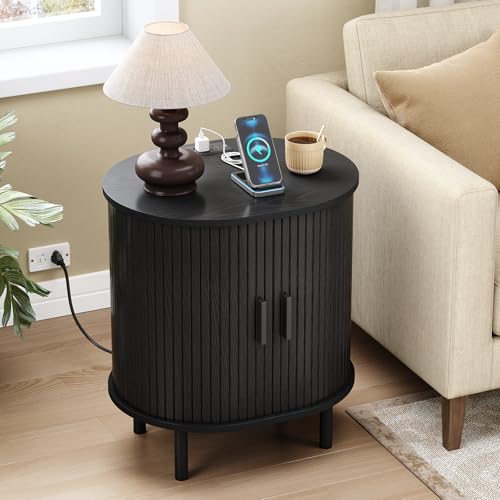ONBRILL Oval End Table with Storage & Charging Station, Fluted Accent Side Table with Sliding Door & Adjustable Shelf, Mid-Century Modern Nightstand for Small Spaces, Living Room, Bedroom, Black