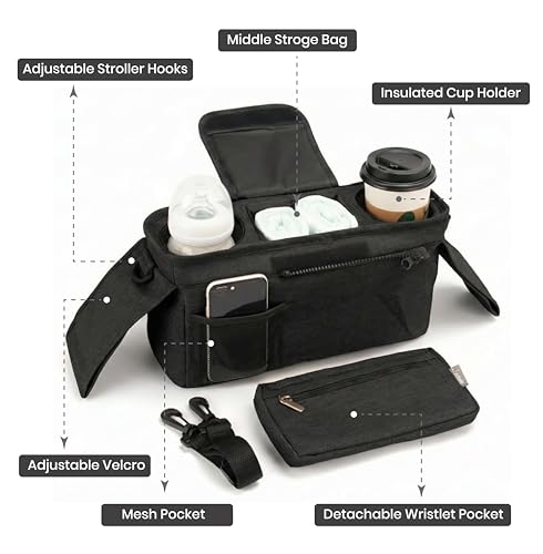 Sonnetto Universal Stroller Organizer, 2 Insulated Cup Holders, Black — view 3