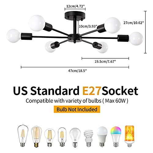 Image of ELEPHANTBOAT Modern Metal Chandelier Light Fixture, 6-Light Modern Flush Mount Ceiling Light for Living Room, Iron Cast Ceiling Light for Bedroom, Dining Room, Office, E27 Light Bubble Not Included