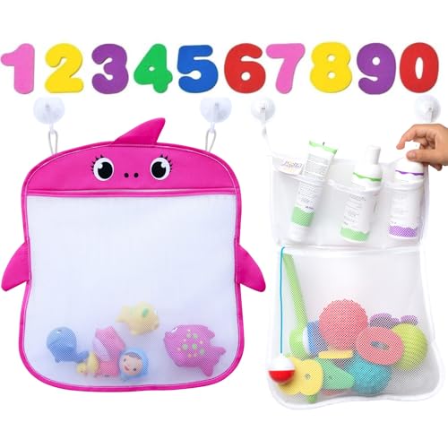 Image of Bath Toy Storage Set of 2 + 10 Eco-Safe Foam Numbers | Bath Toy Organizer Mesh Net Shower Caddy for Baby Bath Toys for Toddlers | Quick Dry Bathroom Decor Bath Toy Holder