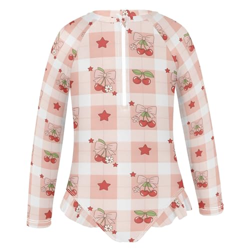 Cherry Bow Star Pink Pattern Girls Rash Guard Swimsuits Long Sleeve One Pieces Bathing Suit UPF 50+ Zipper Swimwear2