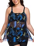 Ocean Blues Damen Tankini Oberteil mit Netzstoff-Details Lockerer Blouson-Schnitt Badekleidung, Federprint, Größe XL